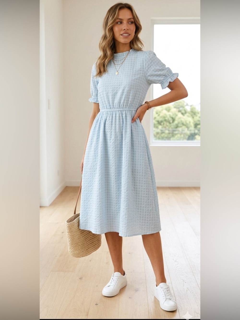 Sweet Salt Blue Dress 4 S Small Puffed Sleeve Denim Blue Knee Length Pockets